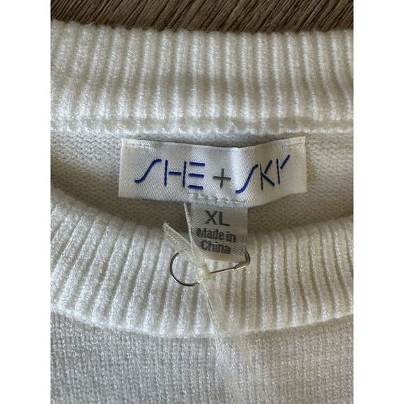 She + Sky Star Sleeve Sweater XL White Pullover Pink Orange Star Knit Top - Picture 3 of 7